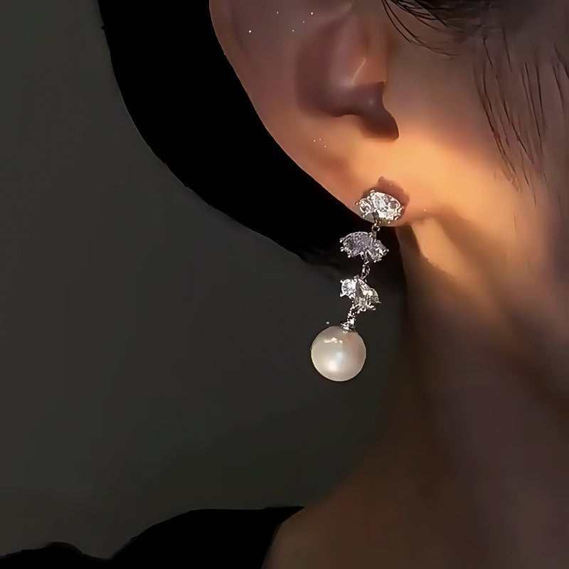14K Gold-Plated Elegant Zircon Leaf Pearl Earrings