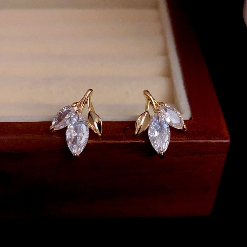 14K Gold-Plated Elegant Zircon Leaf Studs