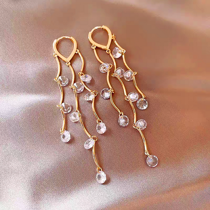 14K Gold-Plated Elegant Zircon Leaf Tassel Earrings