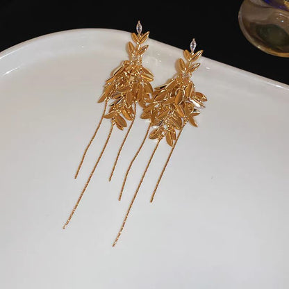14K Gold-Plated Elegant Zircon Leaf Tassel Earrings