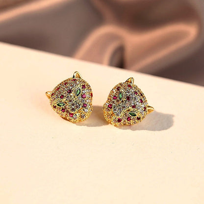 14K Gold-Plated Elegant Zircon Leopard Head Stud Earrings