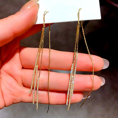 14K Gold-Plated Elegant Zircon Long Chain Tassel Threader Earrings