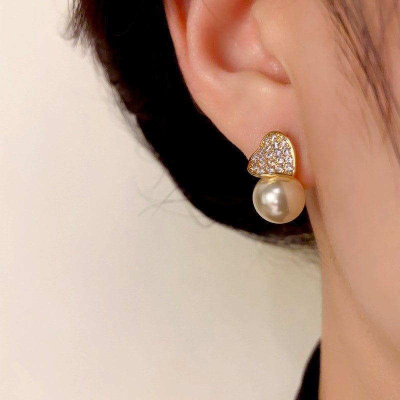 14K Gold-Plated Elegant Zircon Love Pearl Earrings