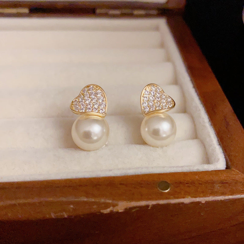 14K Gold-Plated Elegant Zircon Love Pearl Earrings