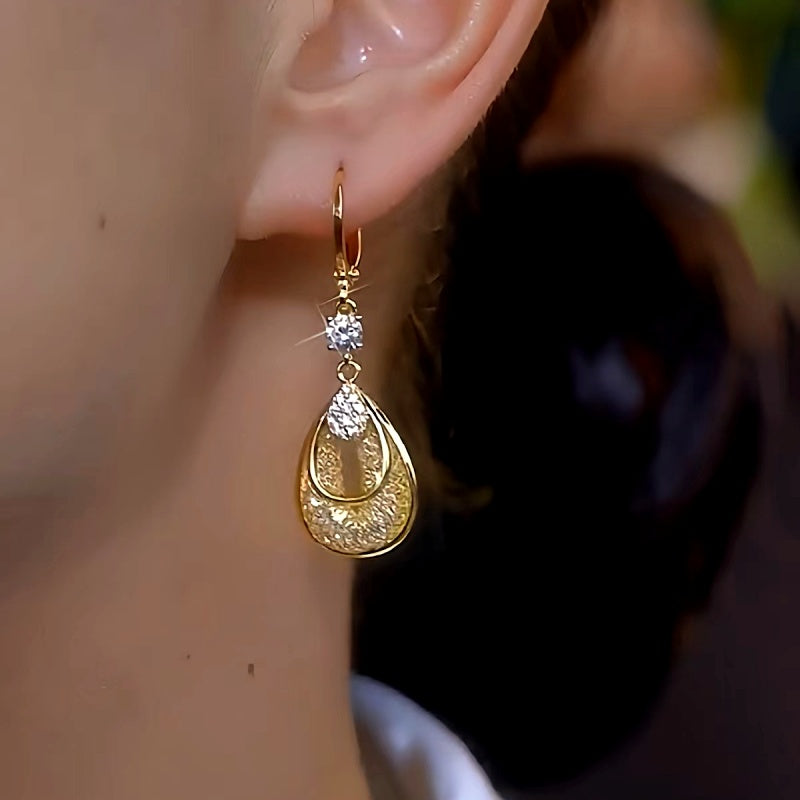 14K Gold-Plated Elegant Zircon Mesh Water Drop Earrings