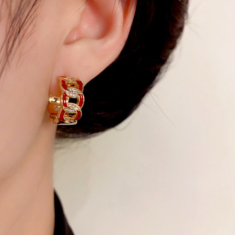 14K Gold-Plated Elegant Zircon Paint Chain Hoop Earrings