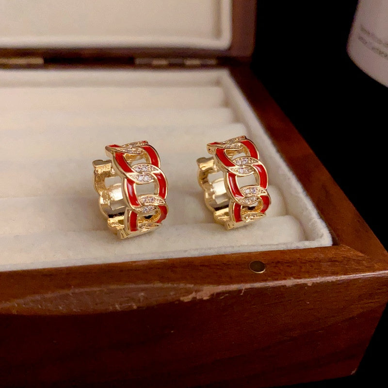 14K Gold-Plated Elegant Zircon Paint Chain Hoop Earrings