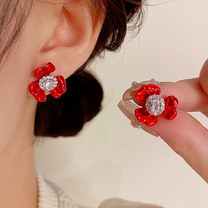 14K Gold-Plated Elegant Zircon Painted Flower Stud Earrings