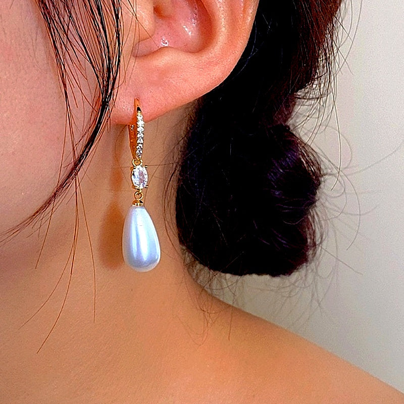 14K Gold-Plated Elegant Zircon Pearl Earrings