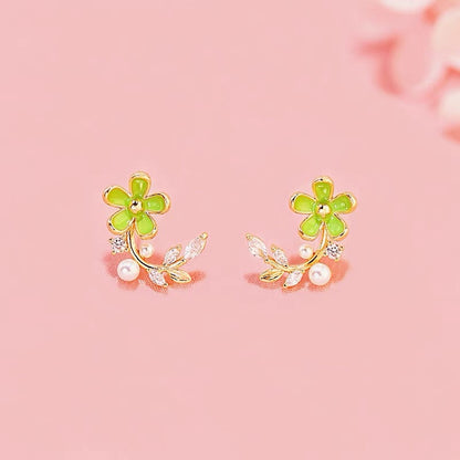 14K Gold-Plated Elegant Zircon Pearl Flower Earrings