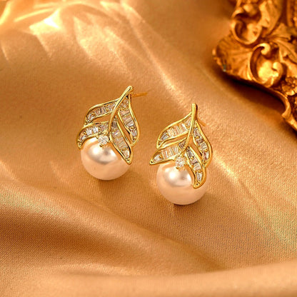 14K Gold-Plated Elegant Zircon Pearl Leaf Earrings
