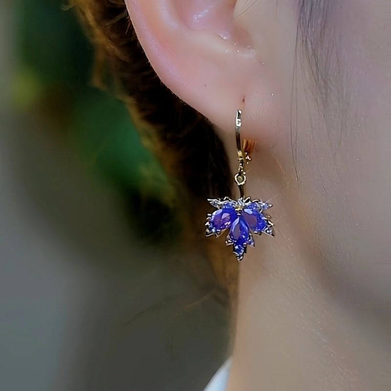 14K Gold-Plated Elegant Zircon Purple Maple Leaf Earrings