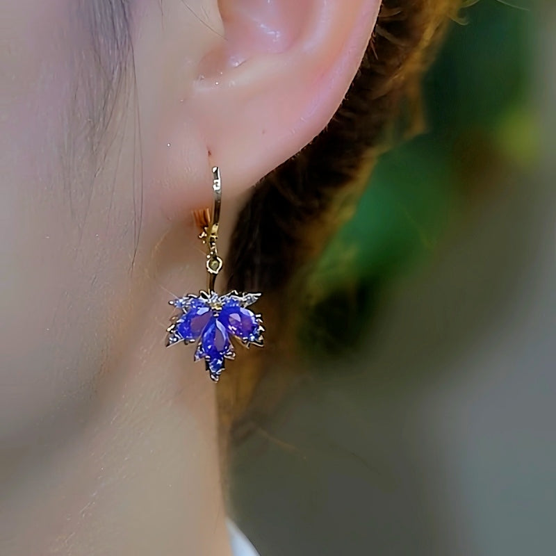 14K Gold-Plated Elegant Zircon Purple Maple Leaf Earrings