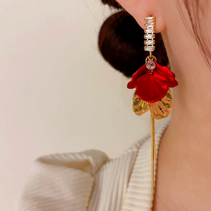 14K Gold-Plated Elegant Zircon Red Petal Earrings