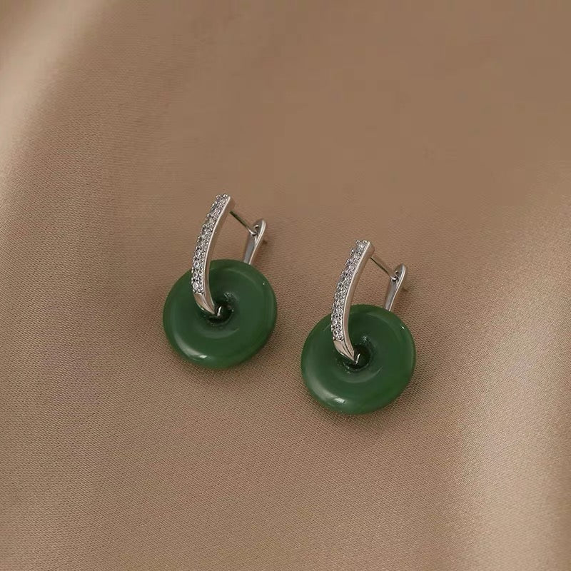 14K Gold-Plated Elegant Zircon Resin Green Jade Earrings