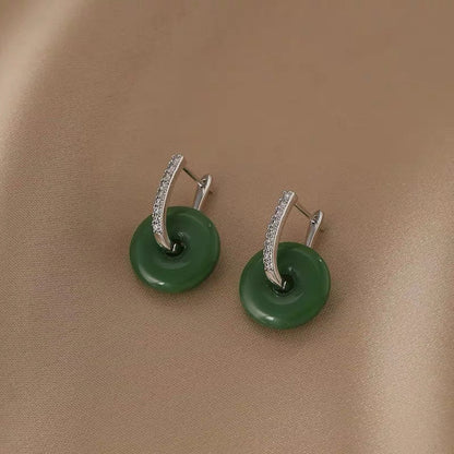 14K Gold-Plated Elegant Zircon Resin Green Jade Earrings