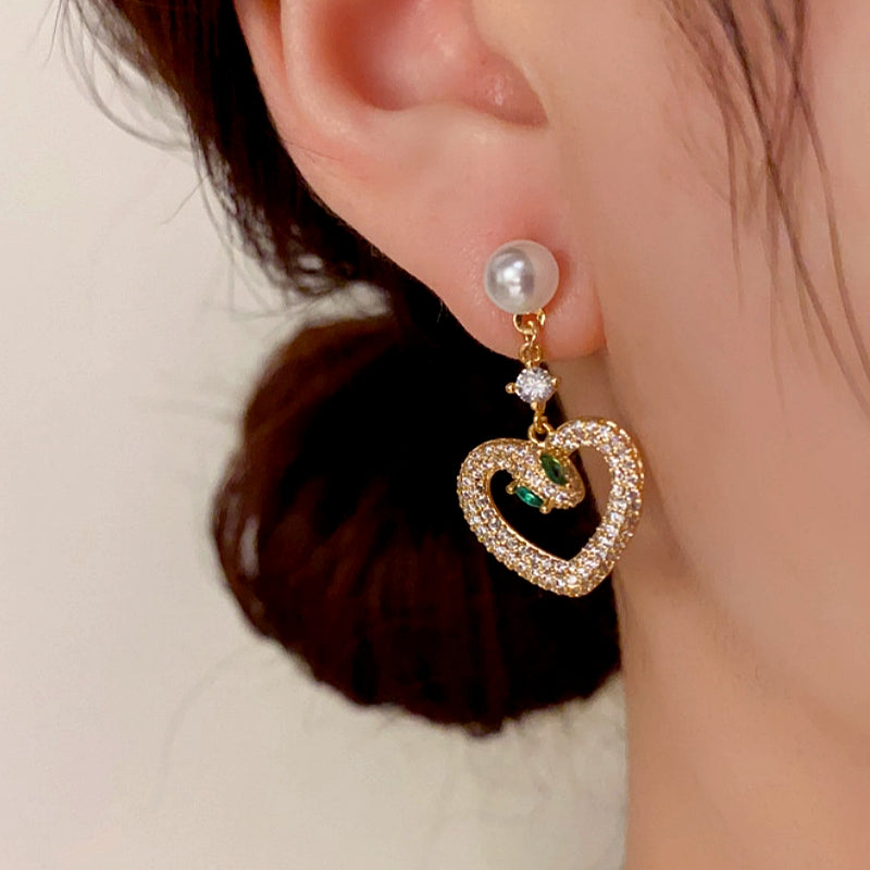 14K Gold-Plated Elegant Zircon Snake-Heart Pearl Earrings