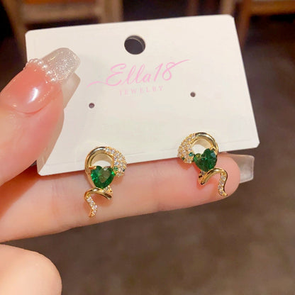 14K Gold-Plated Elegant Zircon Snake-Shaped Emerald Heart Earrings