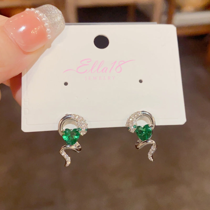 14K Gold-Plated Elegant Zircon Snake-Shaped Emerald Heart Earrings