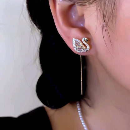 14K Gold-Plated Elegant Zircon Swan Threader Earrings