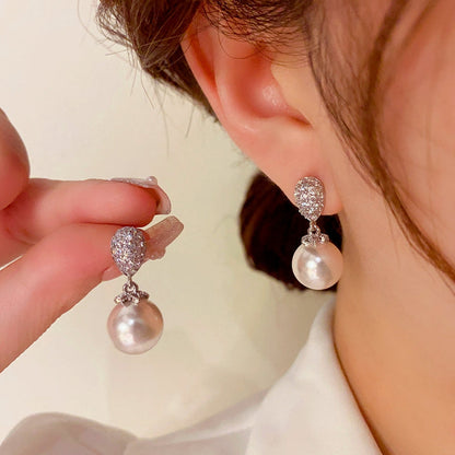 14K Gold-Plated Elegant Zircon TearDrop-Shaped Pearl Earrings