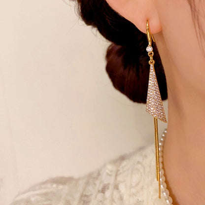 14K Gold-Plated Elegant Zircon Triangle Tassel Earrings