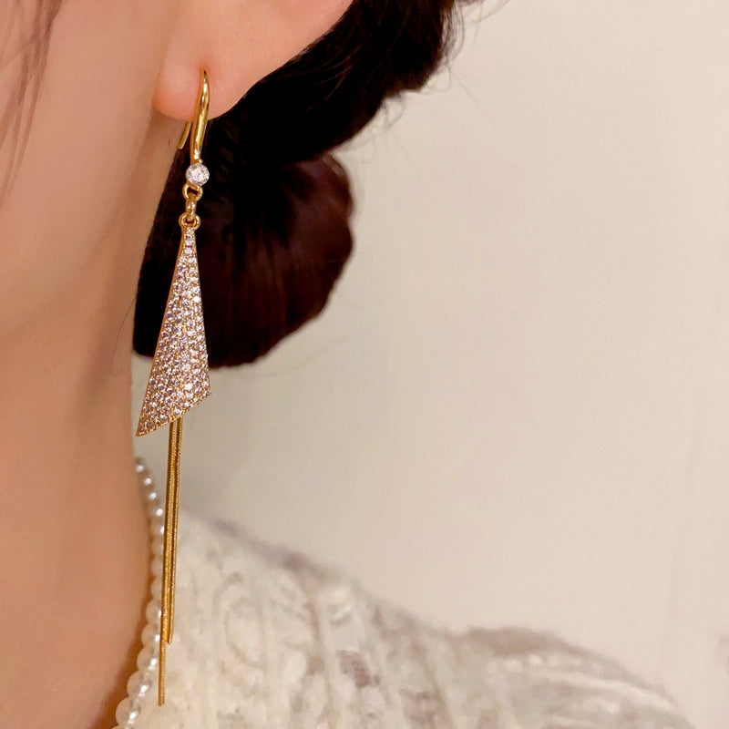 14K Gold-Plated Elegant Zircon Triangle Tassel Earrings