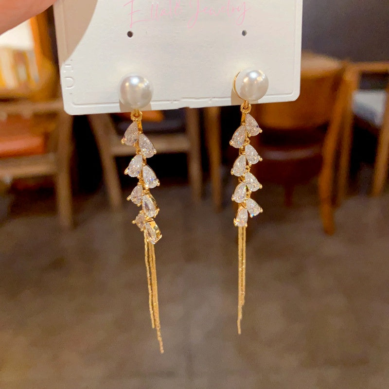 14K Gold-Plated Elegant Zircon Wheat Pearl Tassel Earrings
