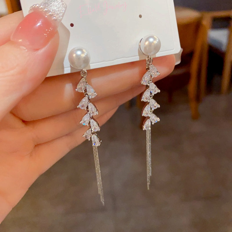 14K Gold-Plated Elegant Zircon Wheat Pearl Tassel Earrings