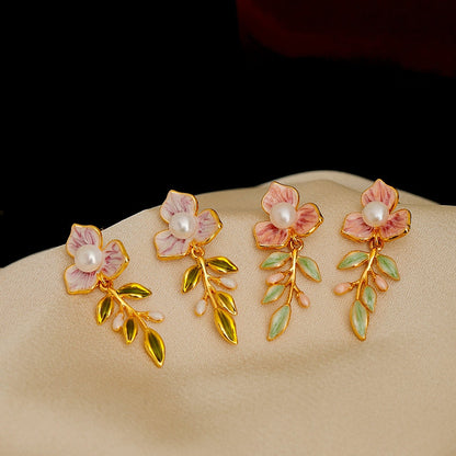 18K Gold-Plated Enamel Oil-Drop Flower Pearl Earrings