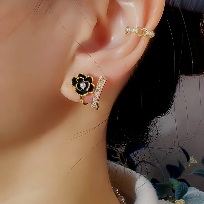 14K Gold-Plated Exquisite Black Camellia Zircon Stud Earrings