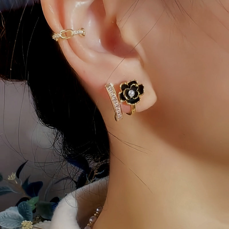 14K Gold-Plated Exquisite Black Camellia Zircon Stud Earrings