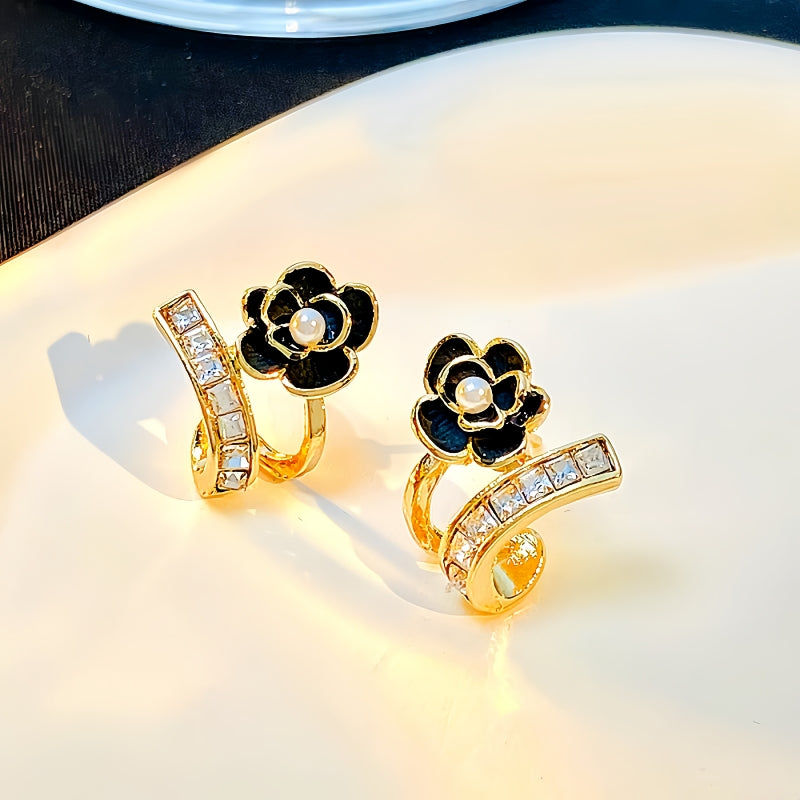 14K Gold-Plated Exquisite Black Camellia Zircon Stud Earrings