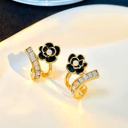14K Gold-Plated Exquisite Black Camellia Zircon Stud Earrings