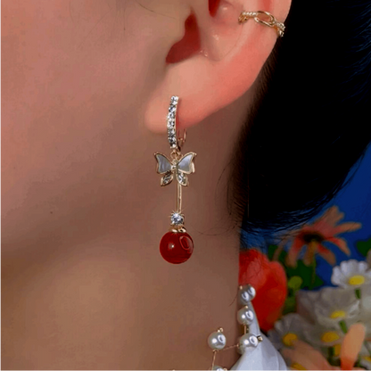 14K Gold-Plated Exquisite Butterfly Red Bead Earrings