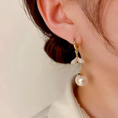 14K Gold-Plated Exquisite Diamond-Filled Fishtail Pearl Tassel Earrings