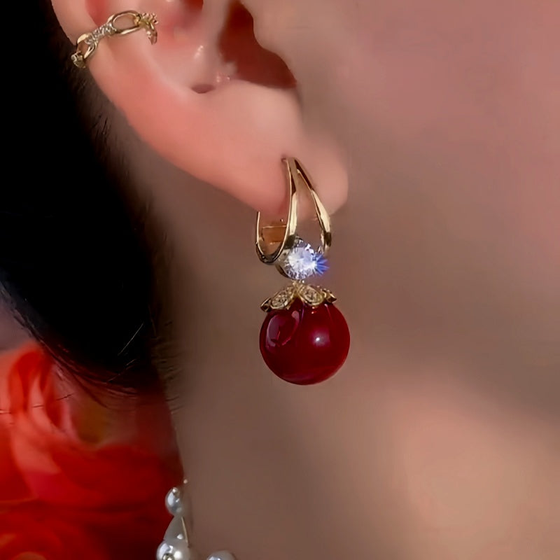 14K Gold-Plated Exquisite Red Classic Pearl Earrings