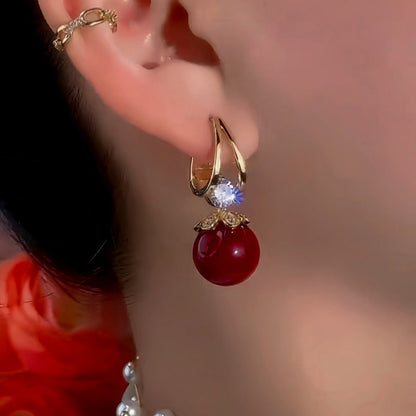 14K Gold-Plated Exquisite Red Classic Pearl Earrings