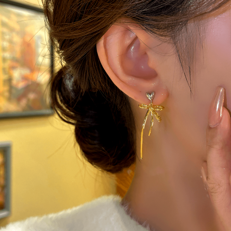 14K Gold-Plated Exquisite Simple Heart-Design Bow Tassel Earrings
