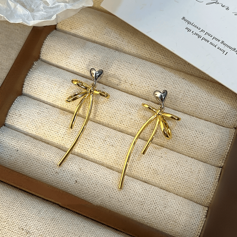 14K Gold-Plated Exquisite Simple Heart-Design Bow Tassel Earrings