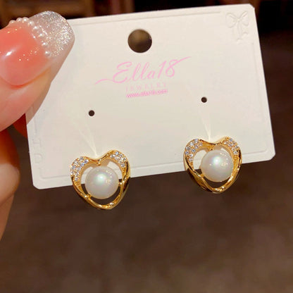 14K Gold-Plated Exquisite Simple Zircon Pearl Heart Stud Earrings