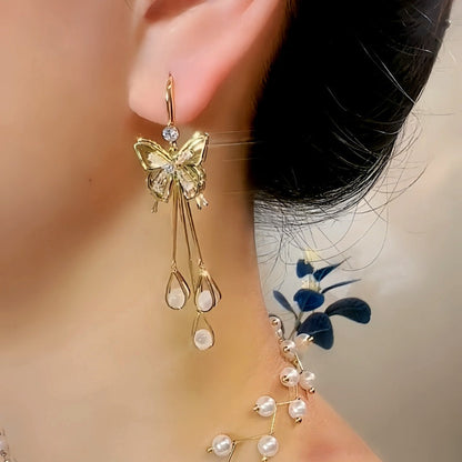 14K Gold-Plated Exquisite Zircon Butterfly Crystal Ear Hook Tassel  Earrings