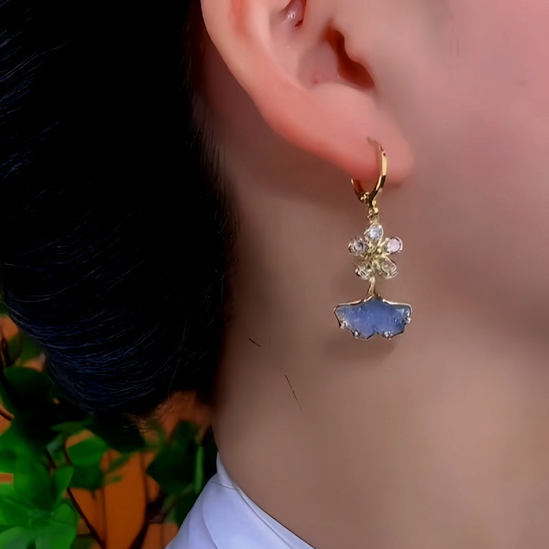 14K Gold-Plated Exquisite Zircon Flower Blue Crystal Ginkgo Leaf Earrings