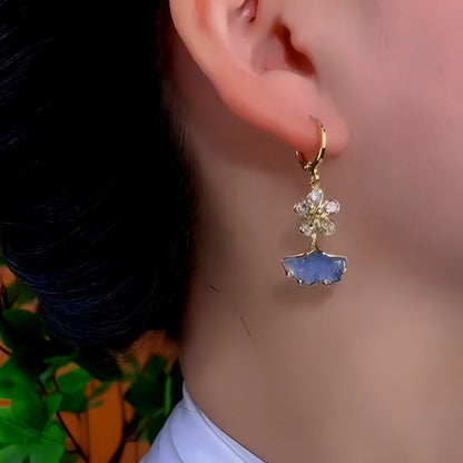 14K Gold-Plated Exquisite Zircon Flower Blue Crystal Ginkgo Leaf Earrings