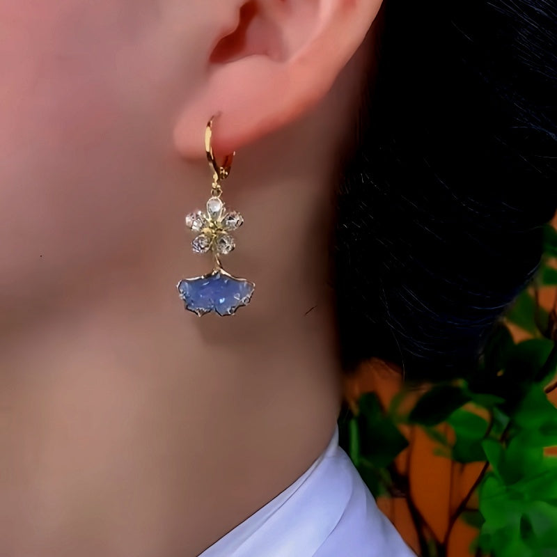 14K Gold-Plated Exquisite Zircon Flower Blue Crystal Ginkgo Leaf Earrings