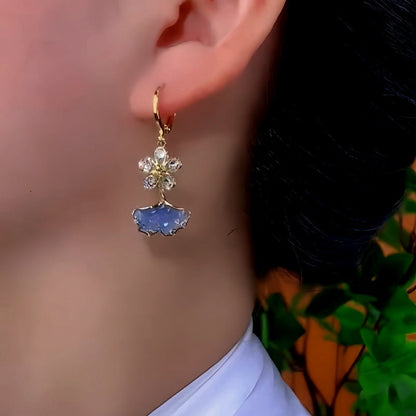 14K Gold-Plated Exquisite Zircon Flower Blue Crystal Ginkgo Leaf Earrings