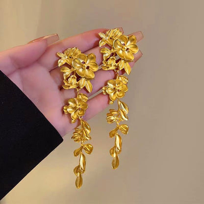 14K Gold-Plated Flower And Leaf Tassel Earrings