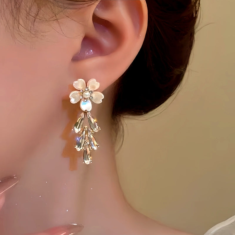 14K Gold-Plated Flower Diamond Tassel Earrings
