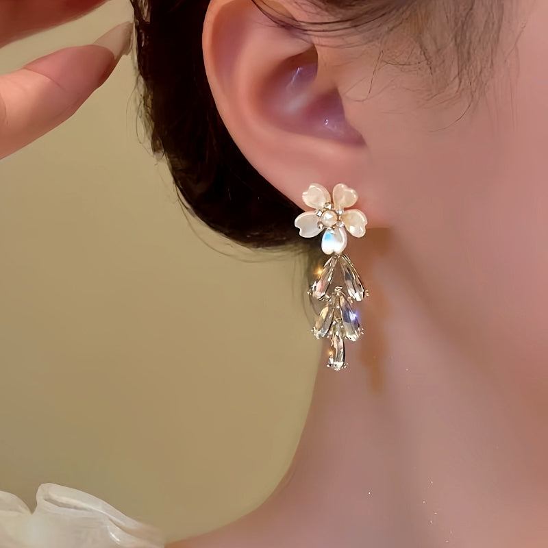 14K Gold-Plated Flower Diamond Tassel Earrings