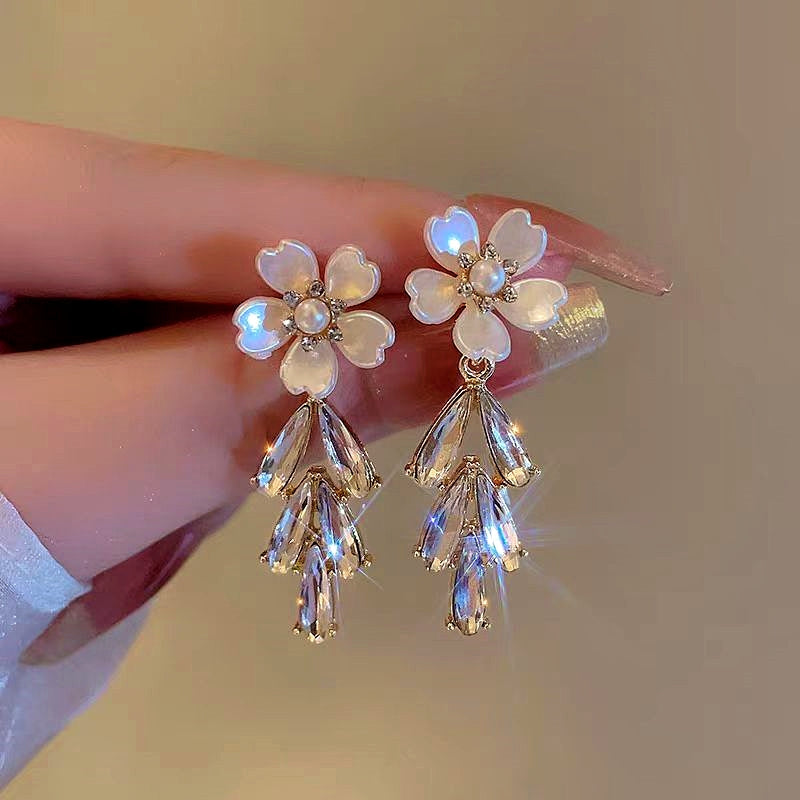14K Gold-Plated Flower Diamond Tassel Earrings